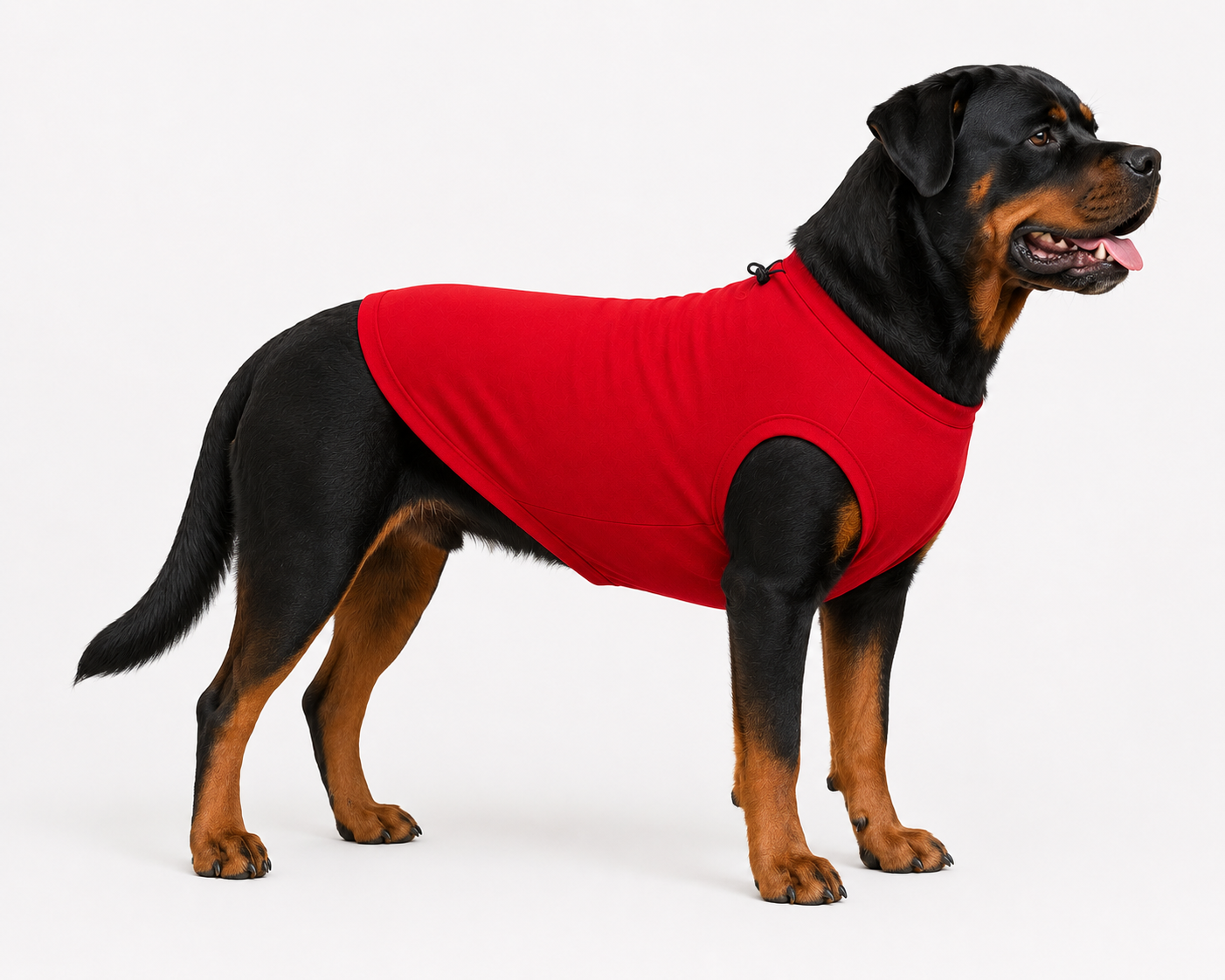 A Rottweiler dog wearing a bright red dog sweater, standing in profile against a clean white studio background.