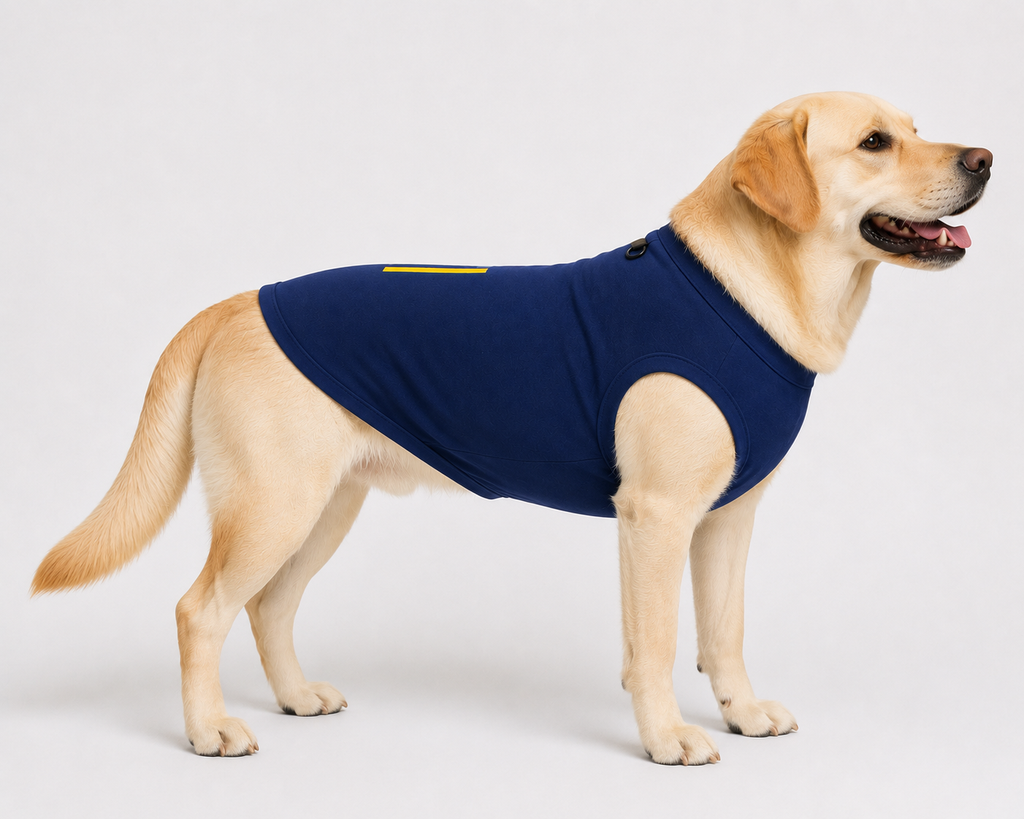 A labrador dog wearing a navy blue dog sweater, standing in profile against a light gray studio background.
