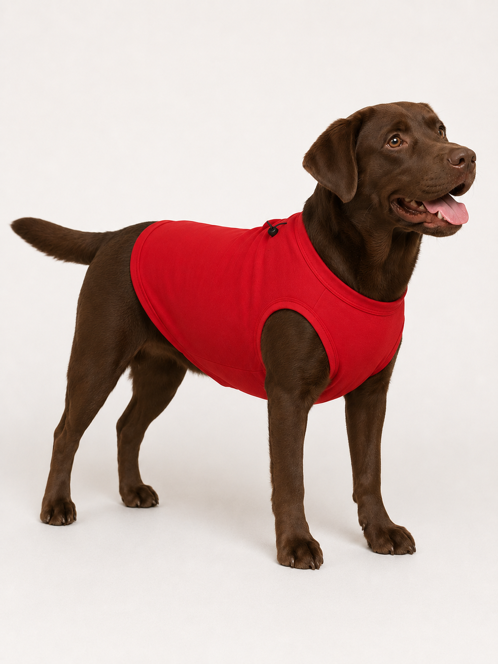 A chocolate Labrador retriever wearing a bright red dog harness, standing against a clean white studio background.
