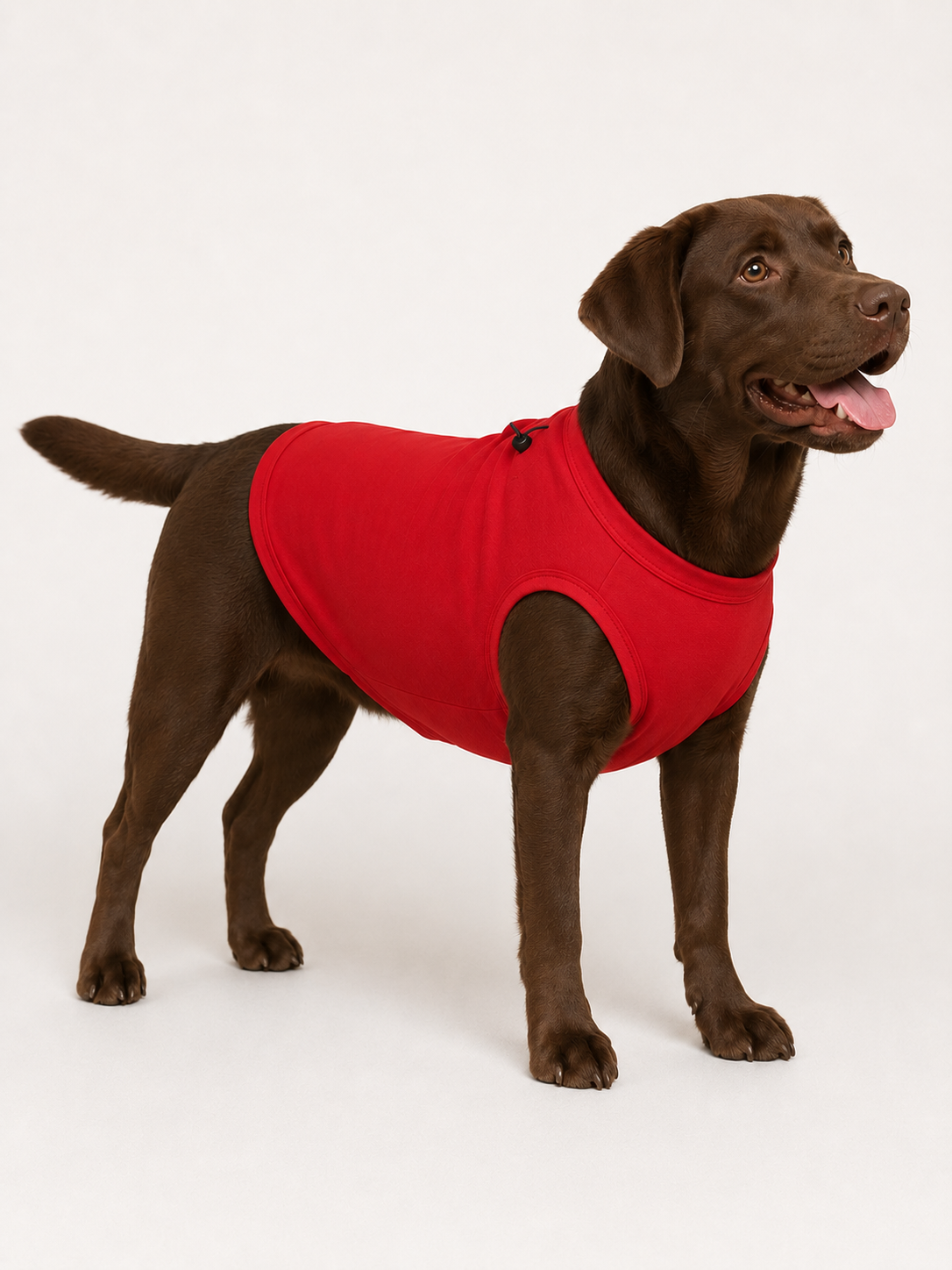 A chocolate Labrador retriever wearing a bright red dog harness, standing against a clean white studio background.