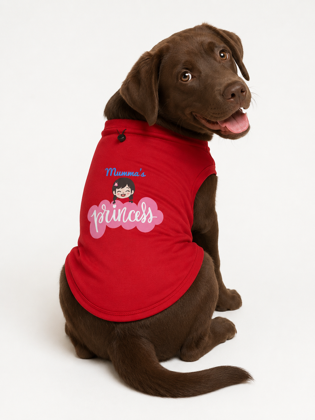A chocolate Labrador retriever wearing a red sleeveless dog shirt with 'Mumma's Princess' printed on the front, photographed against a seamless white studio background.