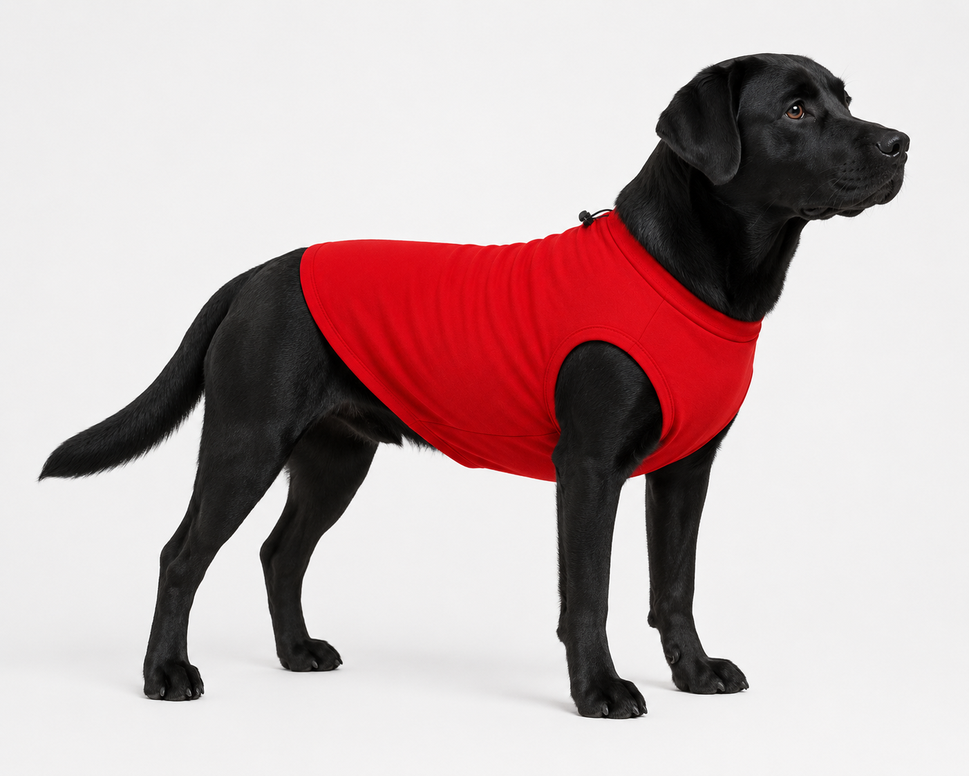 A black Labrador  wearing a bright red fitted pet shirt, standing in profile against a clean light gray studio background.