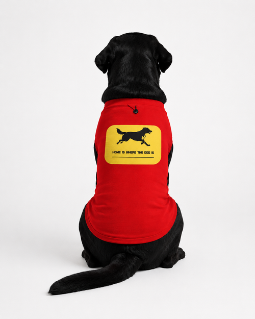 A black dog shown from the back wearing a red pet shirt with a yellow graphic that says 'HOME IS WHERE THE DOG IS' and features a black dog silhouette.