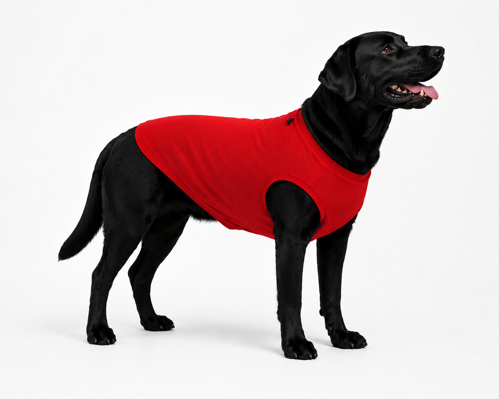 A black dog wearing a bright red sleeveless dog shirt, standing in profile against a clean white studio background.