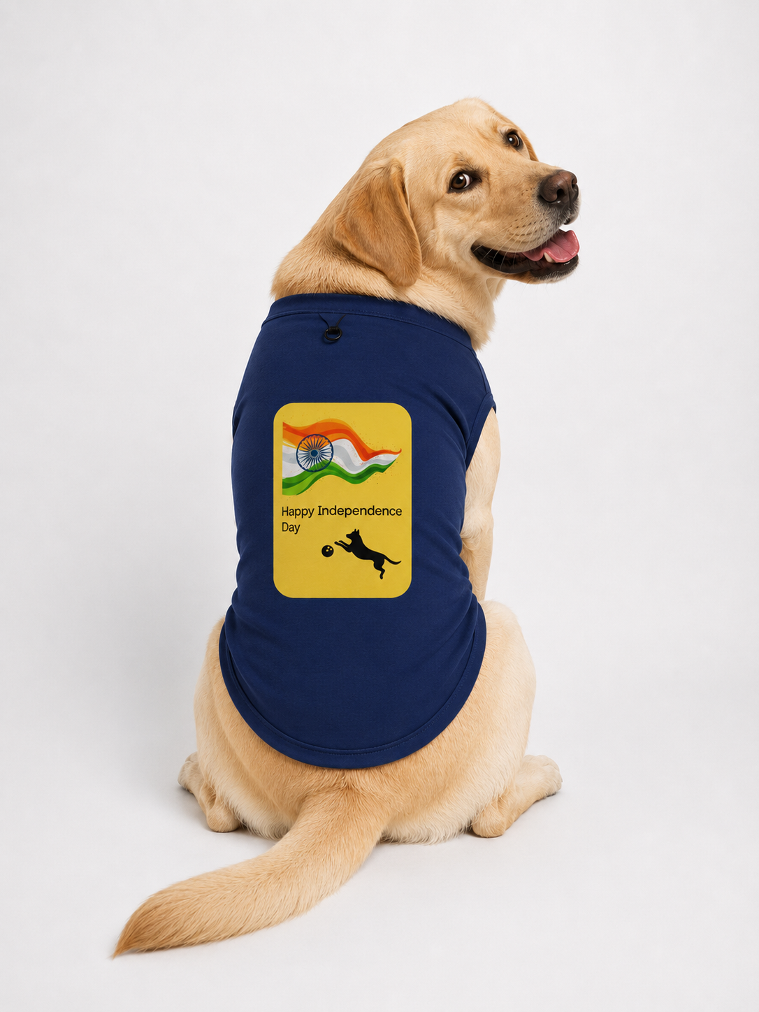 A yellow Labrador Retriever sitting and wearing a navy blue dog t-shirt with a yellow 'Happy Independence Day' graphic featuring the Indian flag and a black silhouette of a dog.