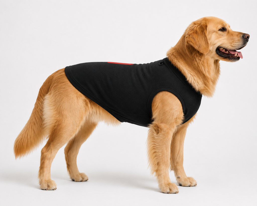 A golden retriever dog wearing a black athletic dog shirt, standing in profile against a light gray studio background.